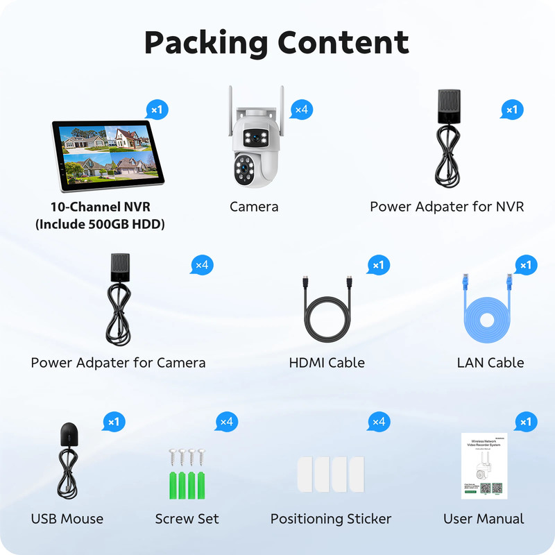 Wireless Security Camera System with 10.1" Monitor 4pcs Dual Lens Outdoor Camera gallery