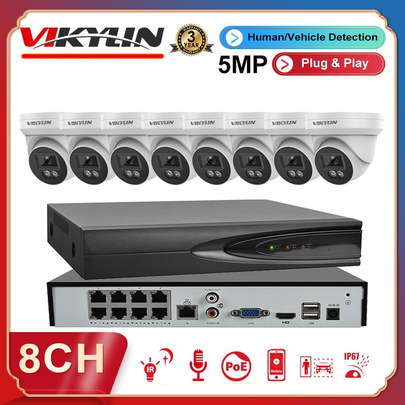 Vikylin 8CH 8POE NVR CCTV System 5MP IP Camera Outdoor IR Night Vision Audio Lot