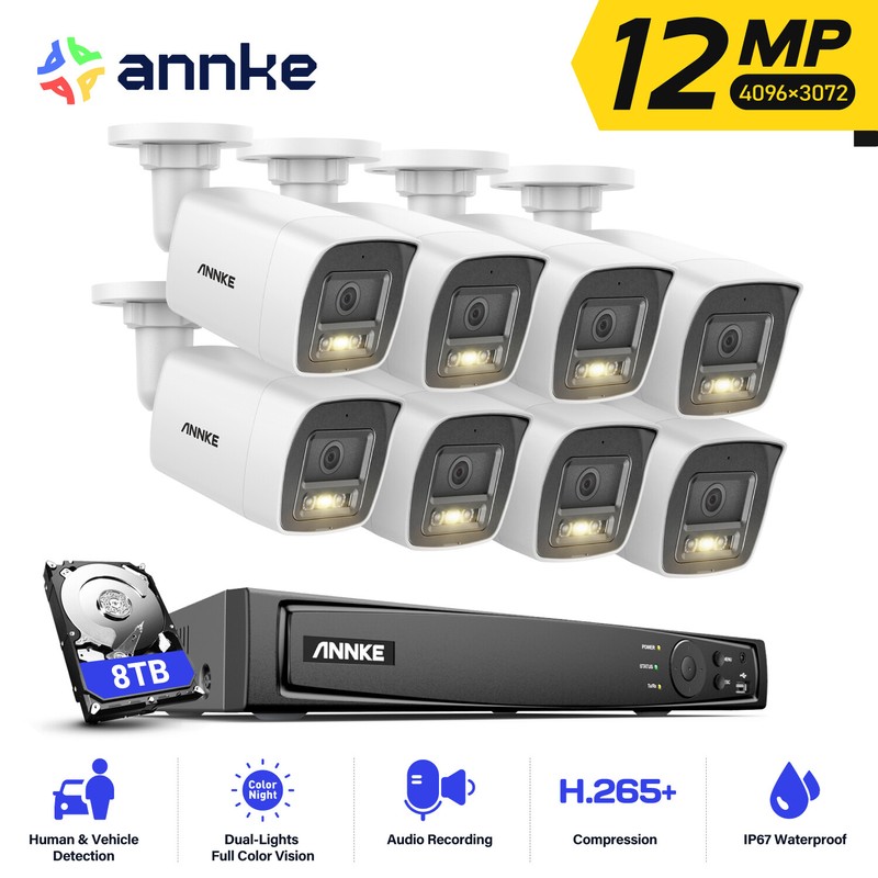 ANNKE 12MP Color Night POE IP Security Camera System 8CH NVR Audio Recording AI