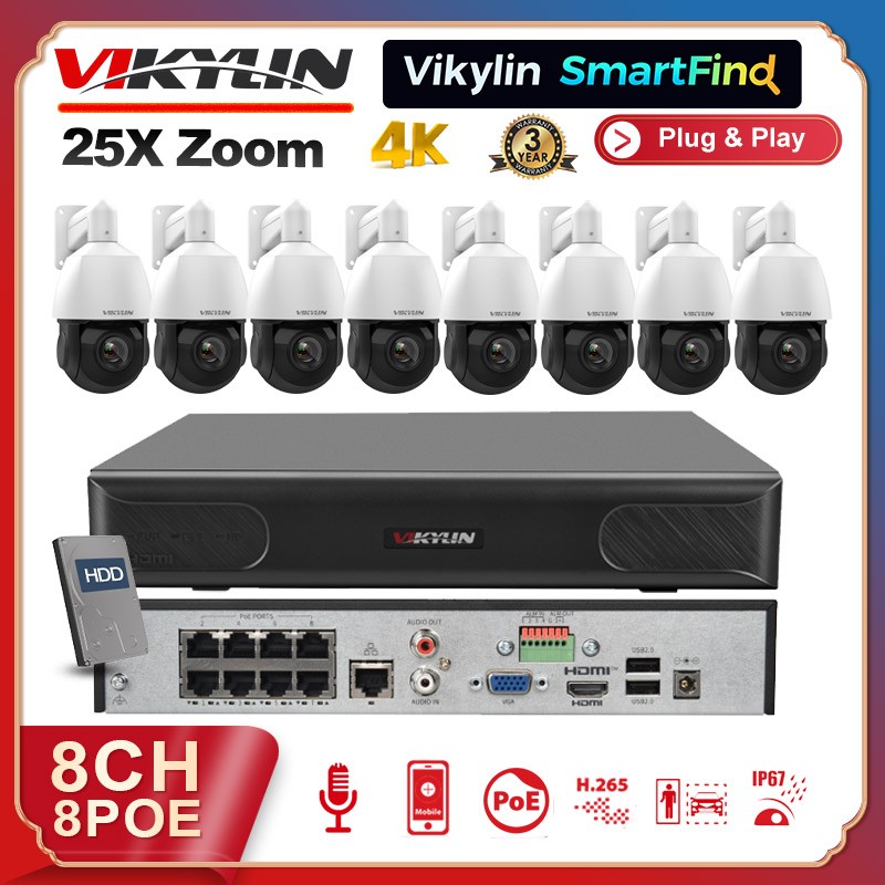 Vikylin SmartFind 4K 8ch 8POE 8MP 25X PTZ Camera IR 2Way Audio Auto Tracking Lot