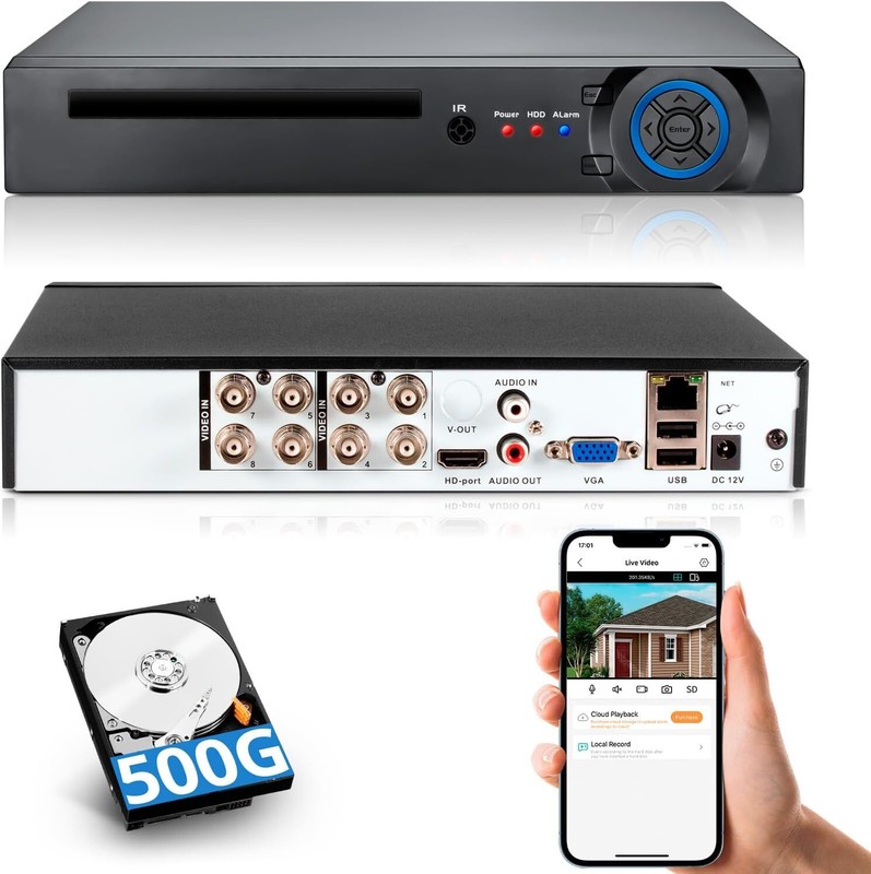 H.265+ Security DVR 8 Channel 1080p Recorder +500GB for CCTV Surveillance Camera