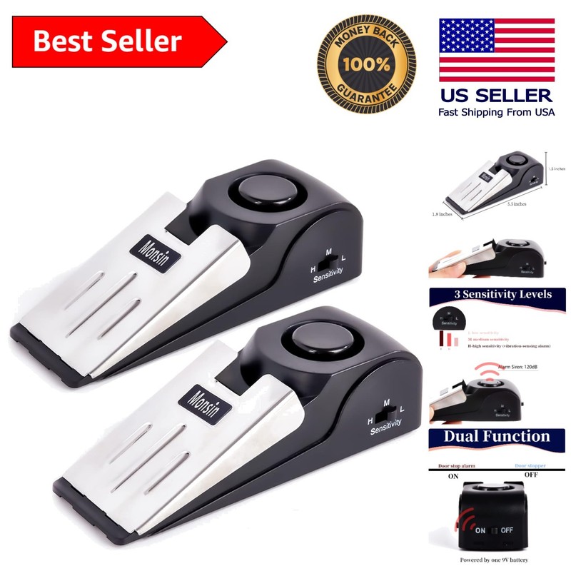 Pack of 2 Door Stop Alarm with 120DB Security – Dual Function, Travel Friendly