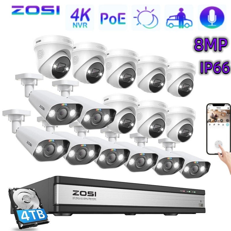 ZOSI 16CH 4K 8MP POE Security Camera System NVR 4TB Audio AI Car Detect H.265+