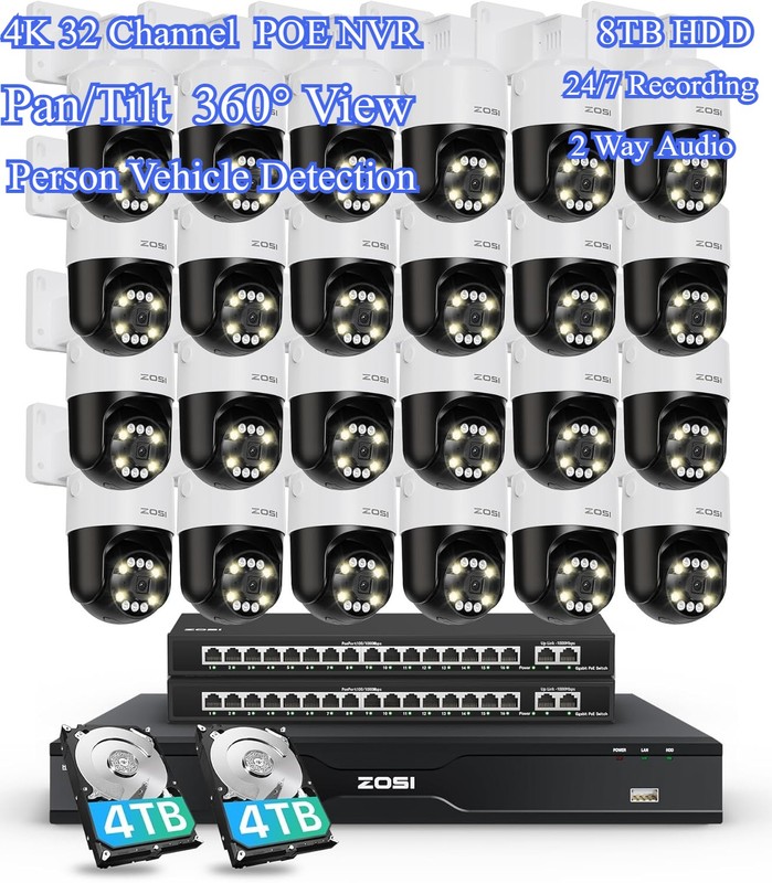 ZOSI 4K 32 Channel NVR PT PoE Security Camera Outdoor System Vehicle Detection