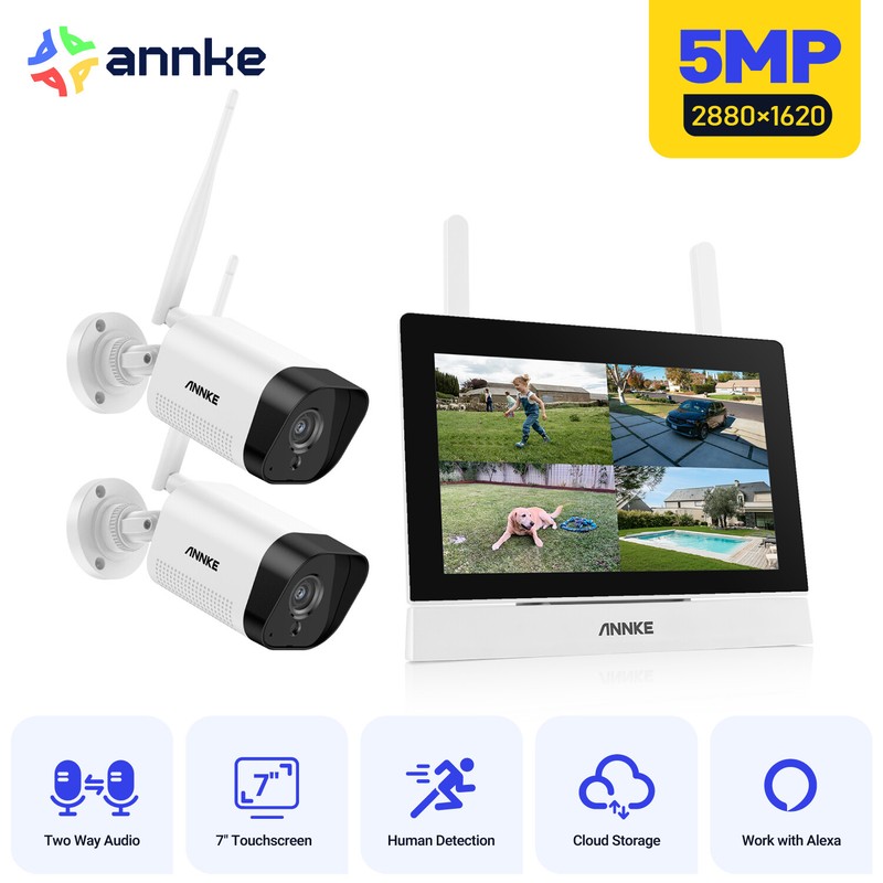ANNKE Wireless 4CH 7″ Monitor NVR 5MP AI Security Camera System 2-Way Audio P2P