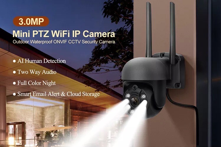 Smart AI 3MP Outdoor WiFi PTZ Camera Security With Audio