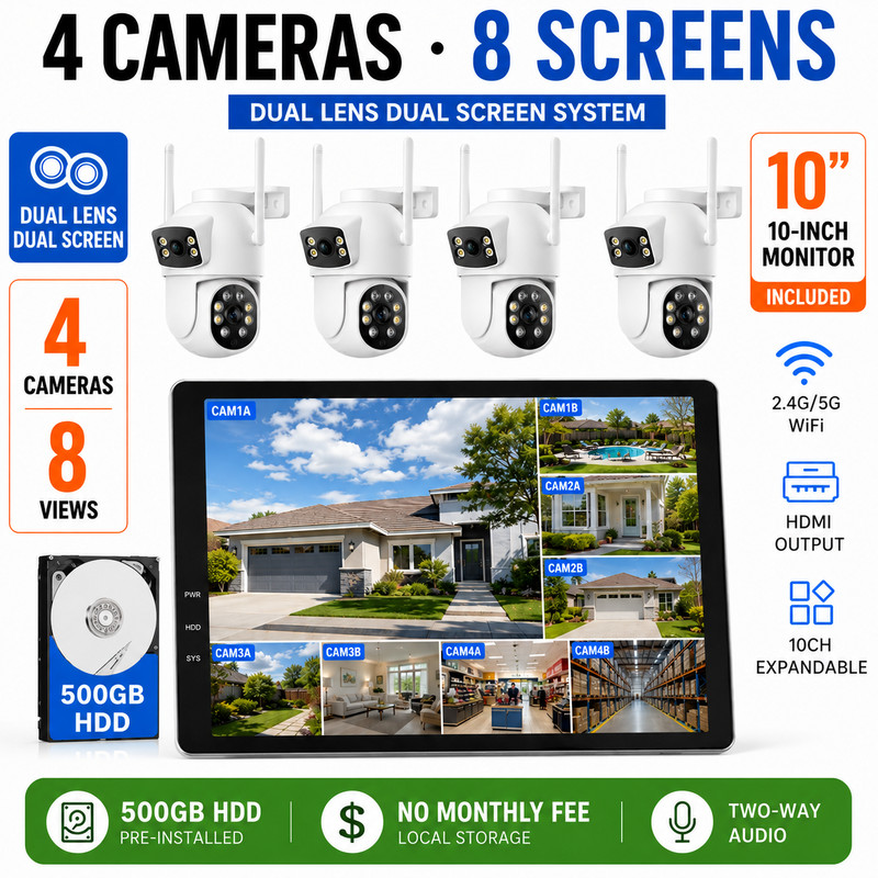 10CH Wireless Security Camera System with 10.1" Monitor Camera Outdoor Dual Lens
