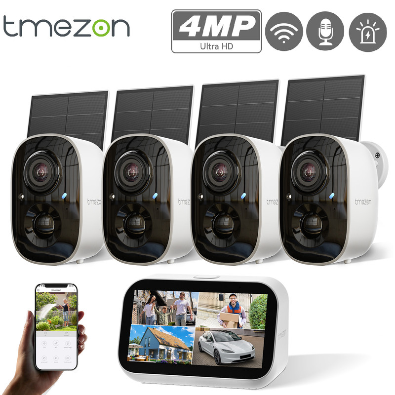 4MP Wireless Home Security System with Monitor 2K Outdoor Cameras Solar Powered