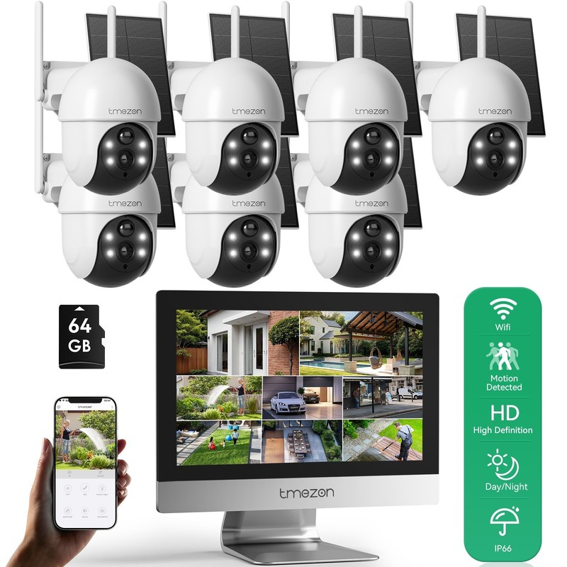 Wireless 10CH NVR 12" Monitor 4MP Solar Battery PTZ Security Camera System 64G gallery