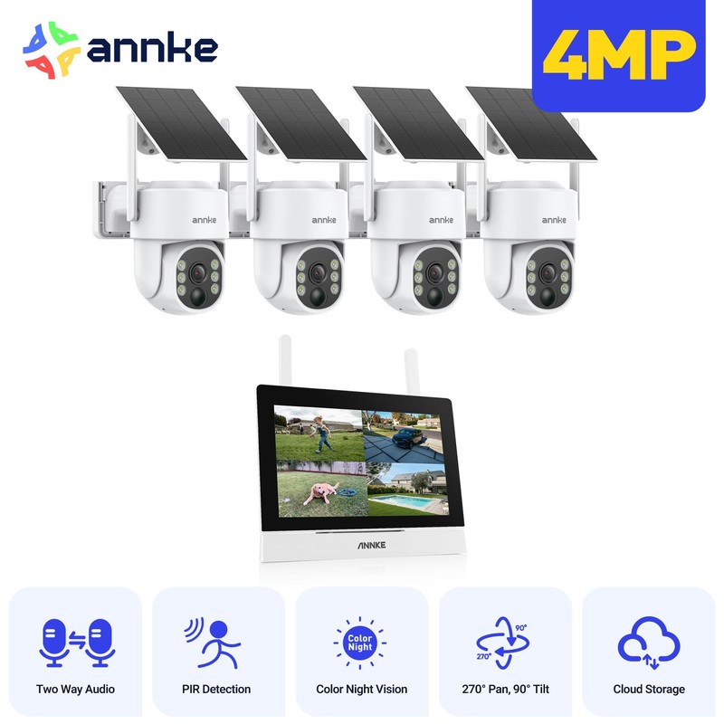 ANNKE Wireless 7″ Monitor 4MP PT Security Camera System Solar PIR Two Way Audio