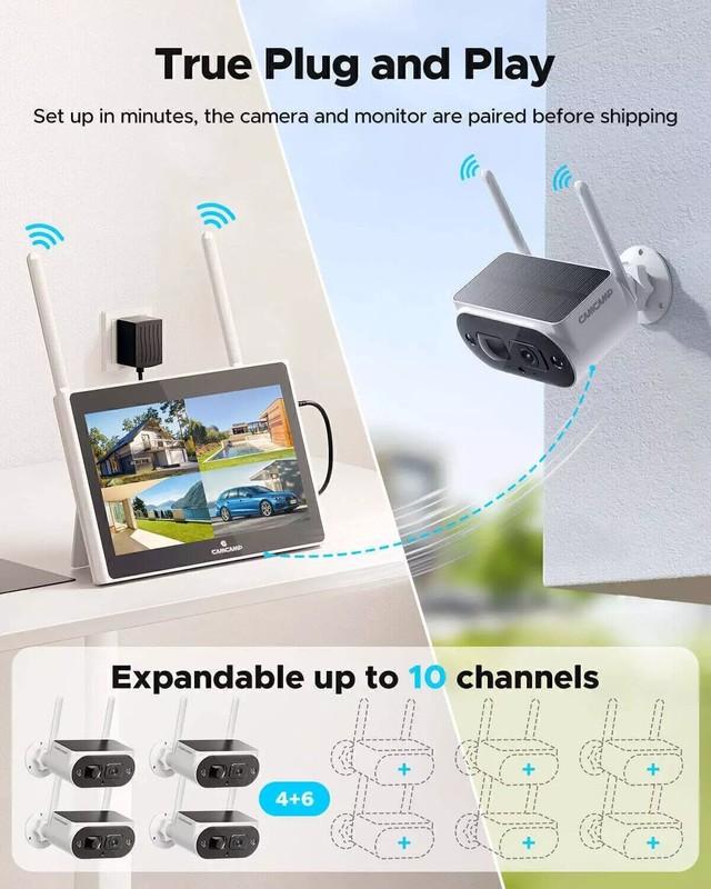 Solar Powered Security Camera System Outdoor Wireless Home with 4MP 10" Monitor gallery