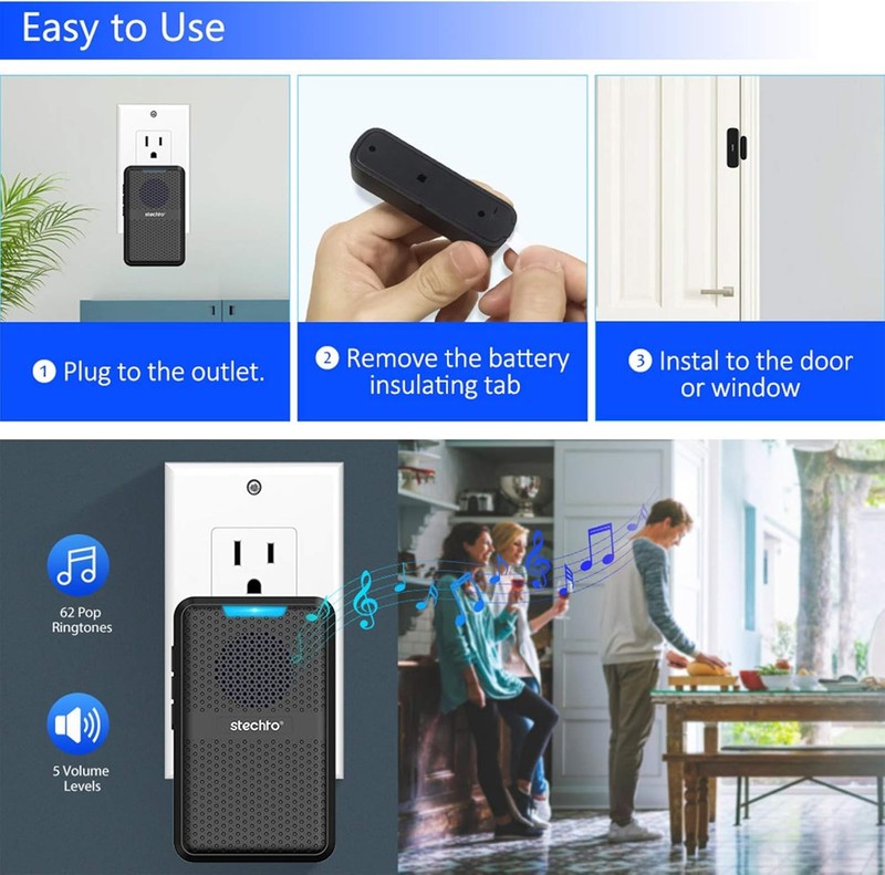 STECHRO Wireless Door Chime, 600Ft Range 5 1 Receiver + 1 Sensor, Black gallery