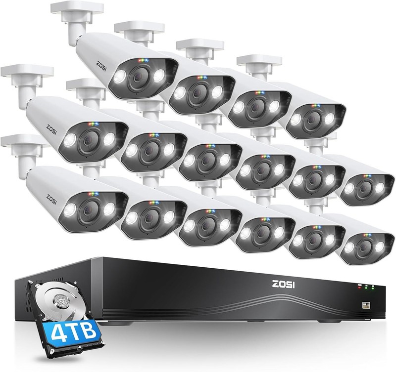 ZOSI 16CH 4K Security Camera System Outdoor 8MP Bullet PoE 16Cams 2Way Audio 4TB