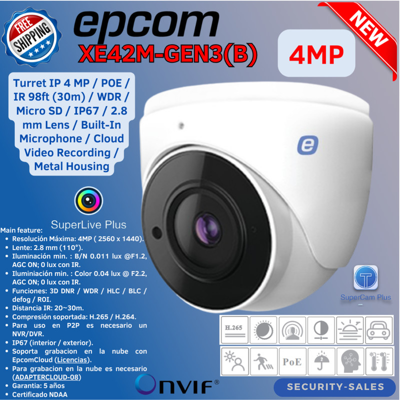 Epcom XE42M-GEN3(B) 4MP IR Water-proof Turret IP Network POE Camera Built-In Mic