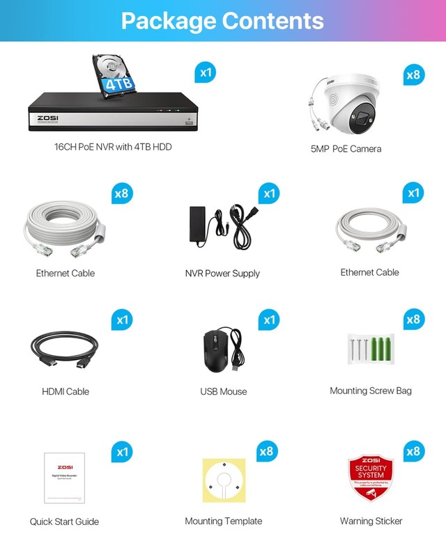 ZOSI 16CH 4K PoE Security Camera System H.265+ 16 Channel 5MP AI IP Cameras Dome gallery