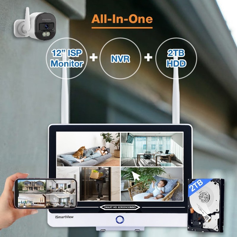 All-in-One 12" 2K Wireless CCTV System w/ 8Ch 2TB NVR & 4 Wireless IP Cameras gallery