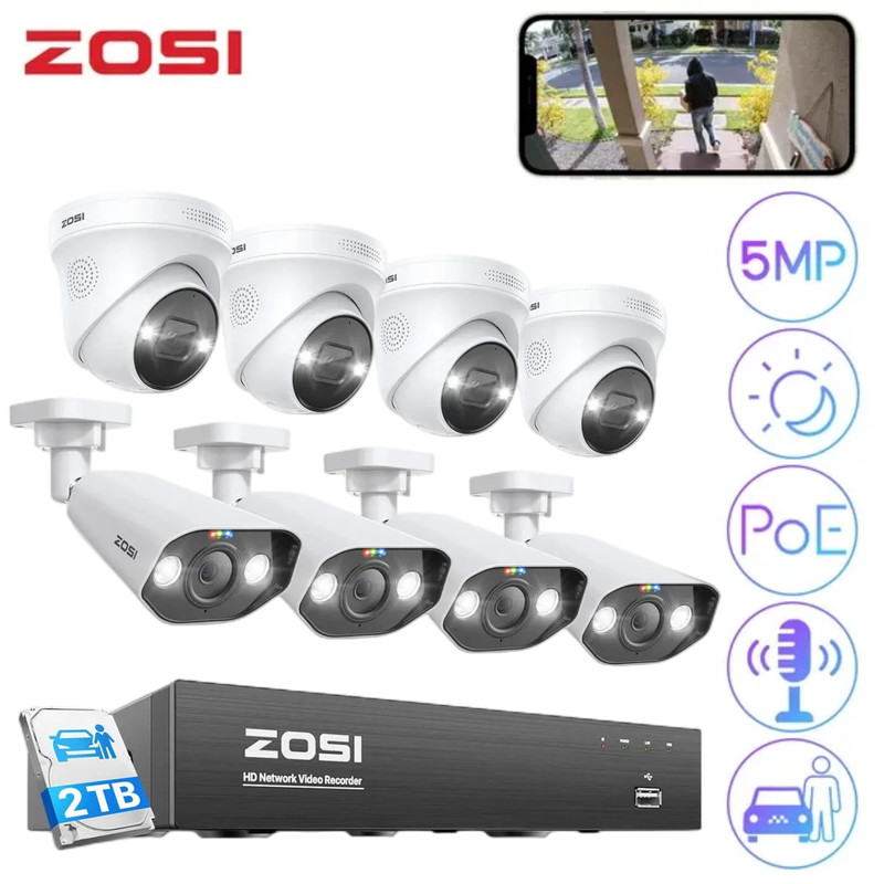 ZOSI 4K 8 Ports 16CH NVR 5MP CCTV Camera PoE Security System 2-Way Audio 2TB HDD