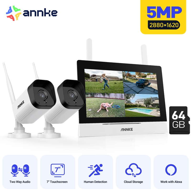 ANNKE Wireless 5MP Security Camera System 2-Way Audio 4CH 7″ Monitor NVR w/64GB