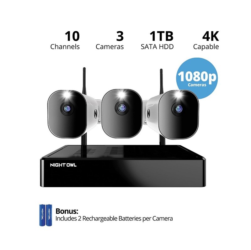 Night Owl 10 Channel 4K Wi-Fi NVR with 1TB Hard Drive and 3 Wire Free (Battery)