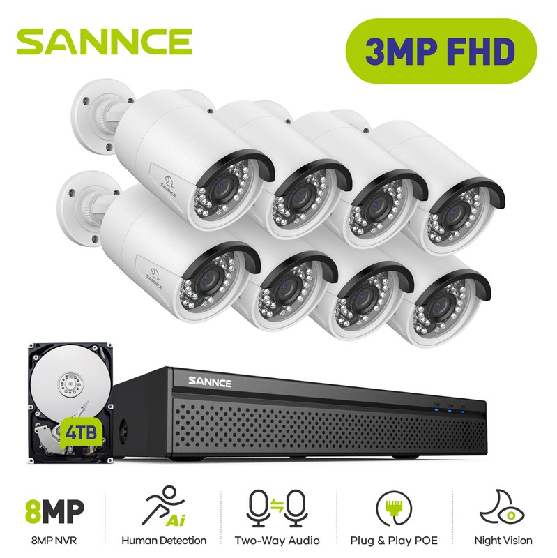 SANNCE 4K 8MP 8CH NVR 3MP 2 Way Audio POE Security Camera System Human Detection