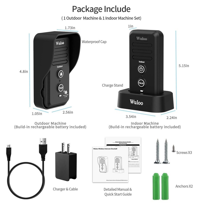 Wireless Intercom Doorbells for Home Classroom, Wuloo Waterproof 1&1-Black gallery
