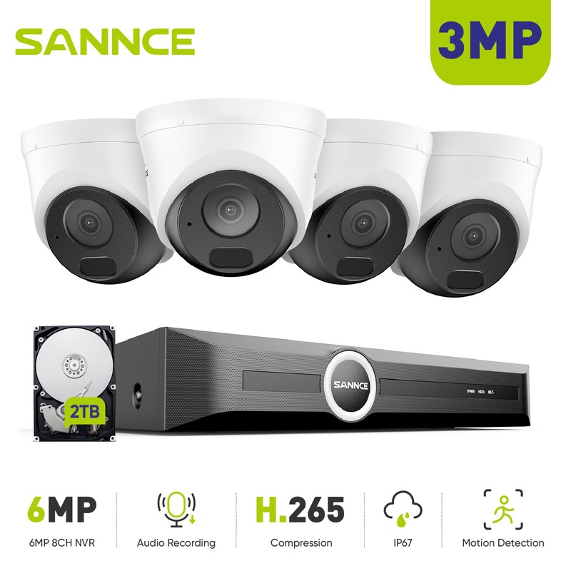SANNCE 2K 3MP Audio POE Security Camera System Outdoor IR Night 8CH 6MP NVR 2TB