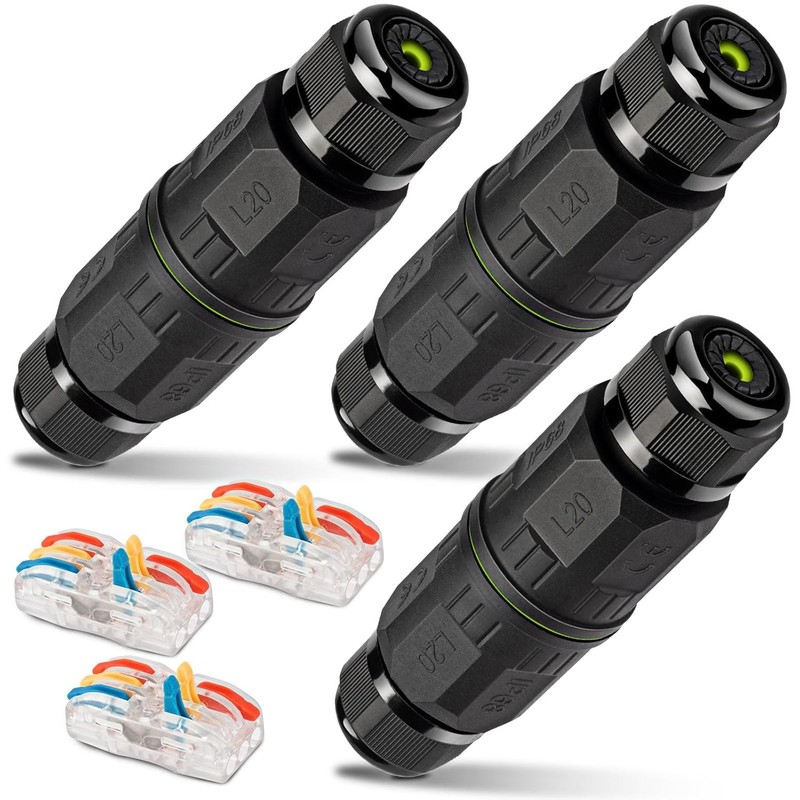 3-Pack Junction Box with 3 Pin Electrical Cable Connectors, IP68 Black
