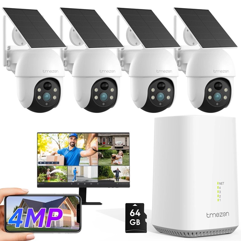 Wireless Solar Powered Security Camera System Outdoor 4MP PTZ HDMI NVR 64G Lot