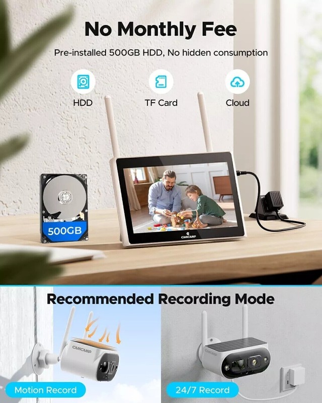 Solar Powered Security Camera System Outdoor Wireless Home with 4MP 10" Monitor gallery
