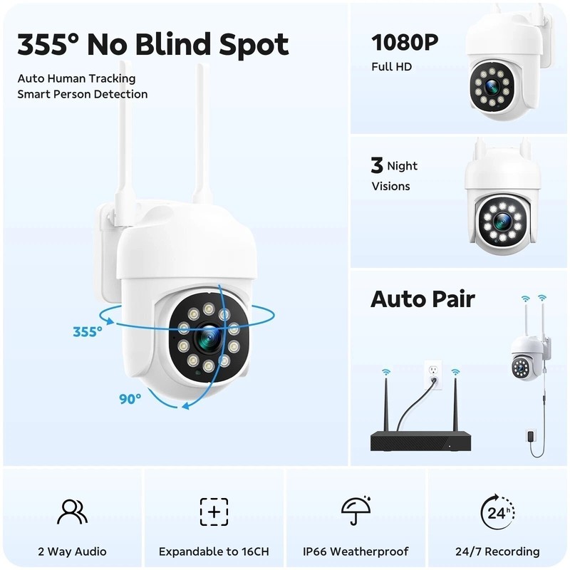 Wireless CCTV Security Camera Systems 16CH 4K NVR 8pcs Outdoor PTZ Cameras Audio gallery