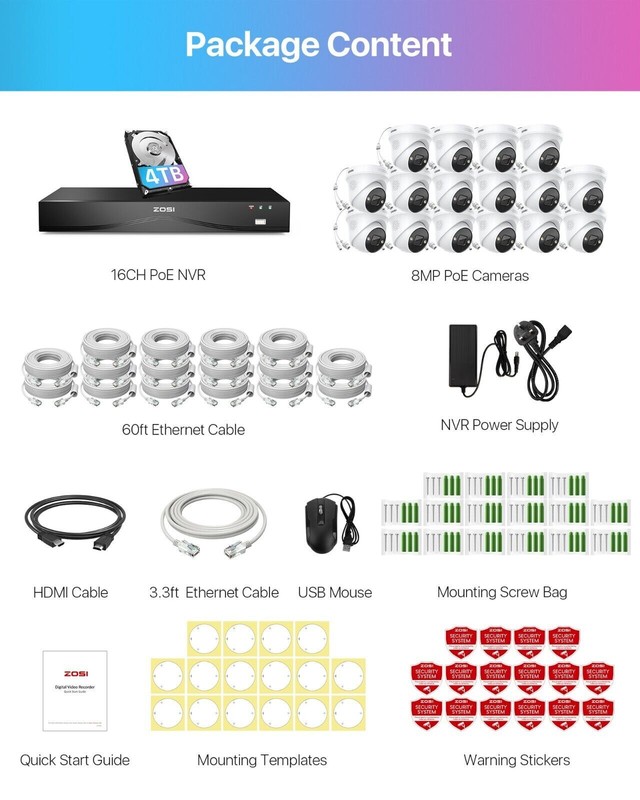 ZOSI 4K 16CH POE 8MP NVR Security IP Outdoor Camera System Waterproof 4TB HDD gallery