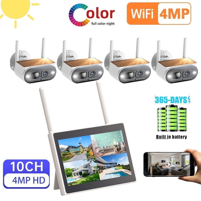 Solar Powered Security Camera System Outdoor Wireless Home with 4MP 10″ Monitor
