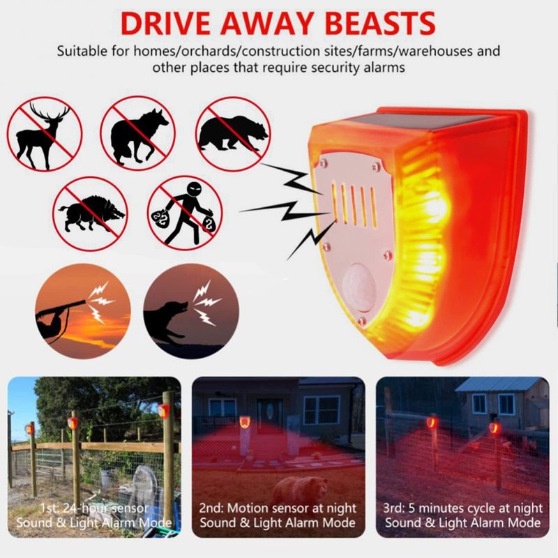Solar Light Alarm, 129dB Warning Loud Solar Strobe Light Makes Gunshot Sounds... gallery