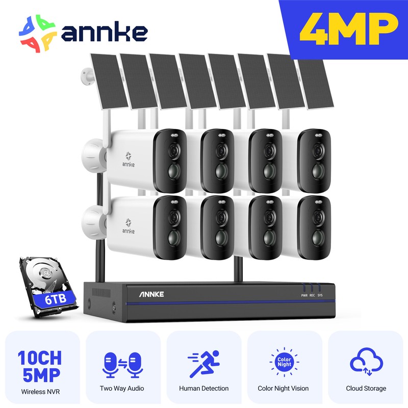 ANNKE 10CH NVR Wireless 4MP Color Security Camera System Solar Power 2 Way Audio