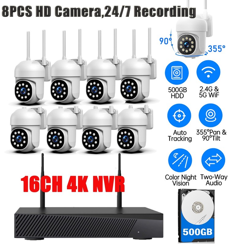8Pcs PTZ Cameras Wireless CCTV Security Camera System WiFi 16CH 4K NVR Audio US