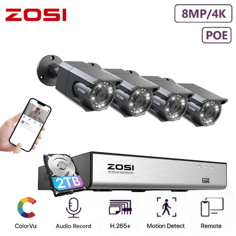 ZOSI 4K Security PoE Camera System with Audio Color Night Vision 24/7 Recording