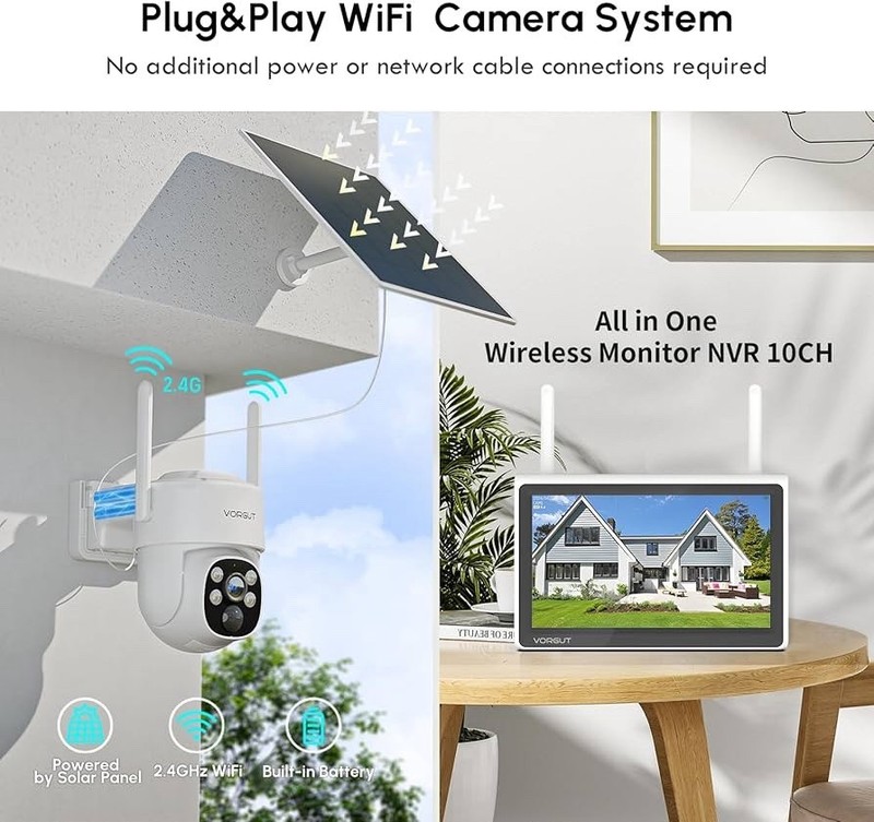 (YBL) Solar Wireless Security Camera System 2.5K PTZ 2 Cameras 10” Monitor NVR gallery