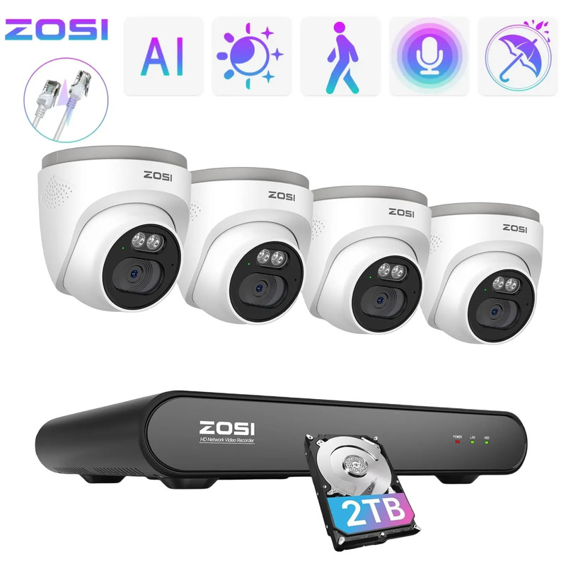 ZOSI 3K NVR 8CH 4MP 2.5K PoE Security IP Camera System 1 Way Audio 24/7 Reocrd