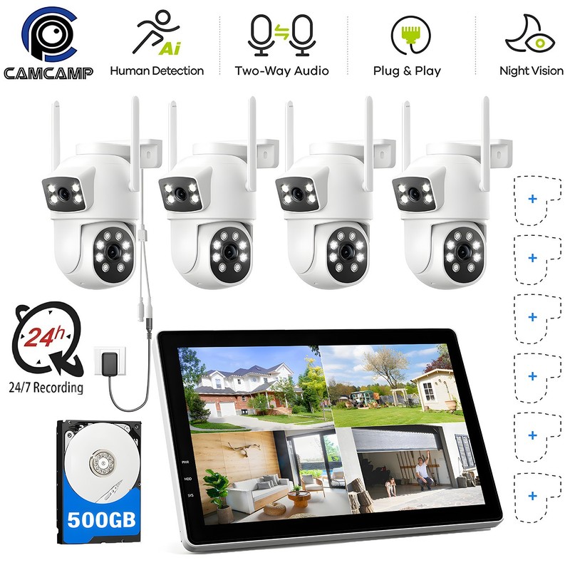 CAMCAMP Wireless Security Camera System with 10.1" Monitor Dual Lens PTZ CCTV 2K gallery