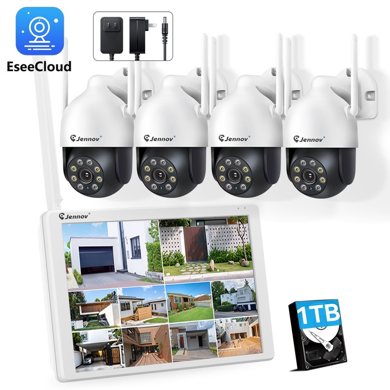 JENNOV CCTV System Security Camera Spotlight Alarm 2-Way Audio 24/7 Recording