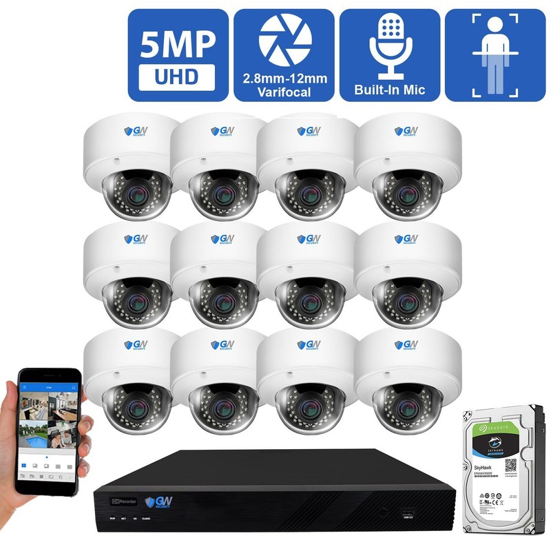 16 Channel NVR 12 x 5MP AI 2.8-12mm Varifocal Mic IP PoE Dome Security Camera 4T