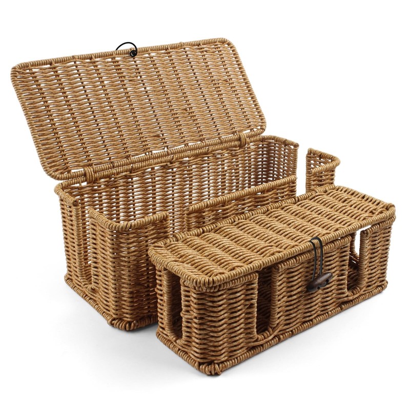 2 Pack Rattan Cable Management Box Large Cord Organizer Box With Lid Beige