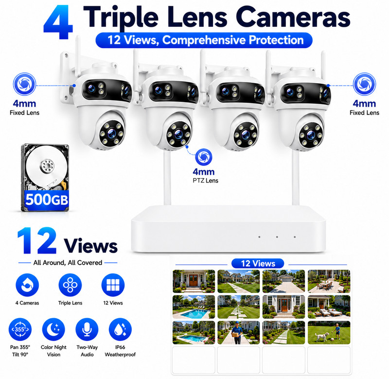 4 Camera Wireless Security System Outdoor Auto Tracking Triple Lens 12-View WiFi