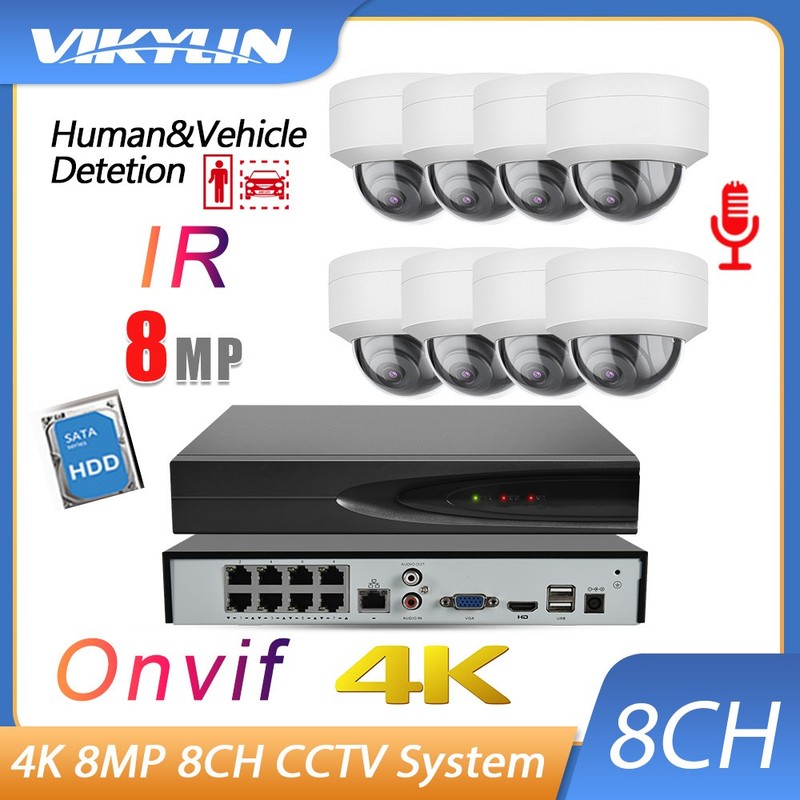 Vikylin 4K 8MP 12MP 8CH NVR IR Security IP Camera 8PoE MIC Outdoor System US Lot