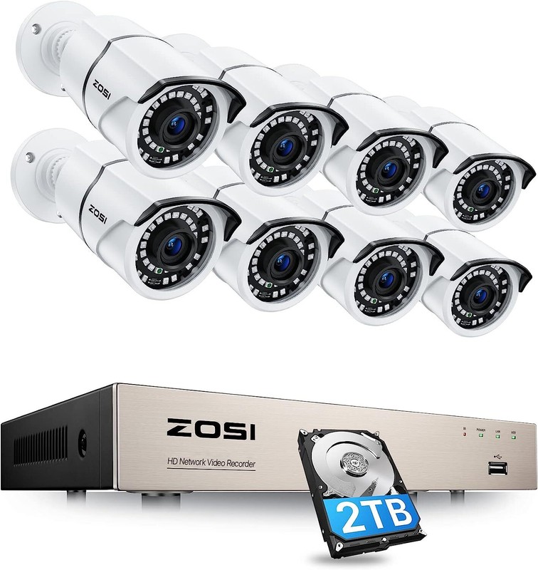 ZOSI 8CH 5MP PoE Security Cameras System with 2TB Hard Drive 24/7 Recording IP66