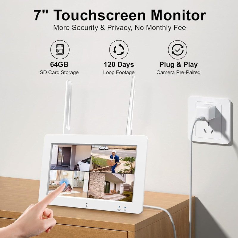 Wireless Security Camera System with 7" Touchscreen Monitor, 2PCS 4MP Wifi Solar gallery