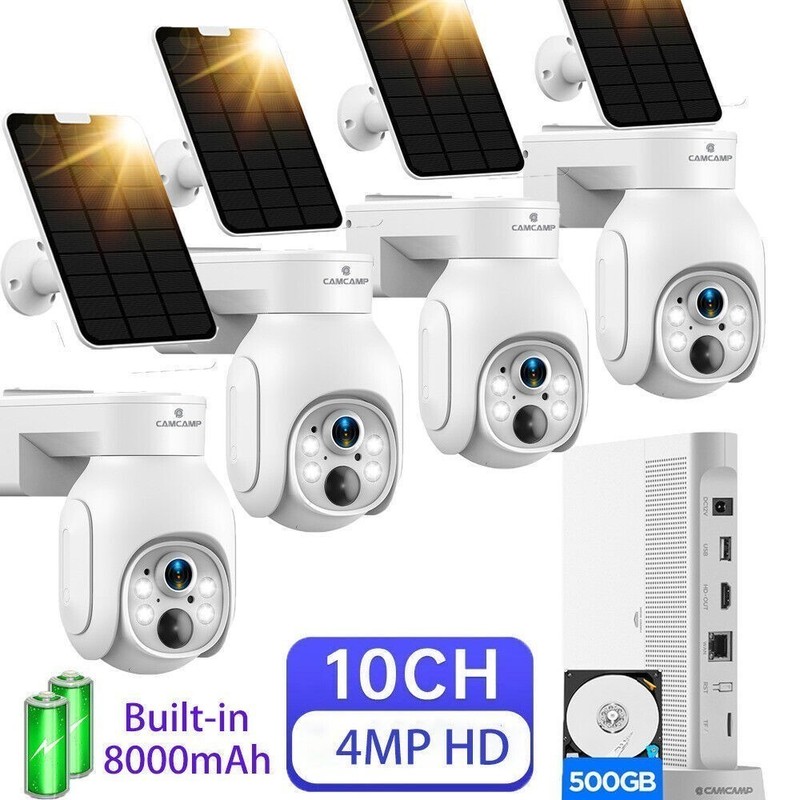 Solar Powered Wireless Security Camera System Outdoor 4MP Wifi PTZ Camera 500GB