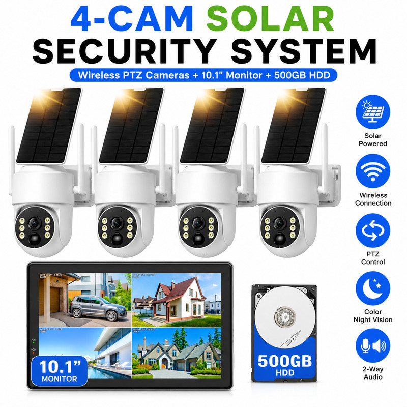 4x Solar Powered Security Camera Wireless Outdoor 4MP WiFi PTZ IP Camera CCTV US
