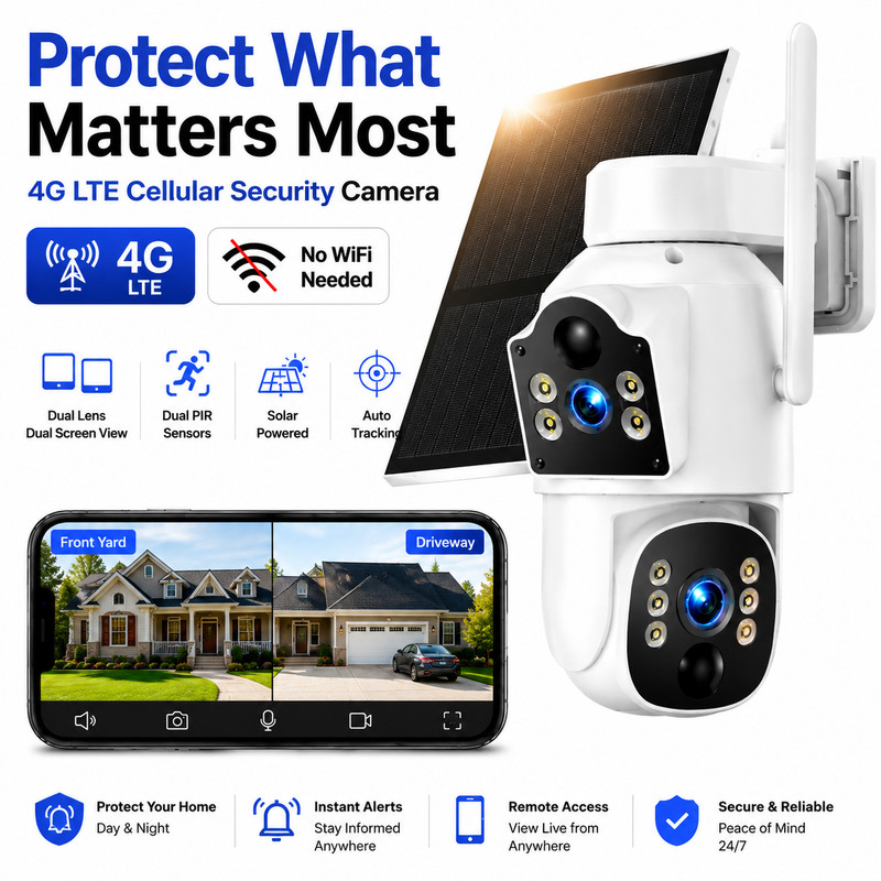 4G Cellular Solar Security Camera Dual Lens 360° PTZ 2K Outdoor Wireless US SIM