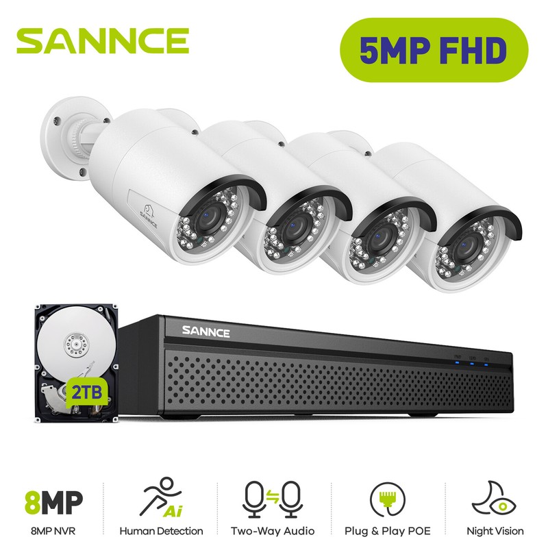 SANNCE 5MP POE Security Camera System 8CH 4K NVR Two Way Audio 2TB AI Detection